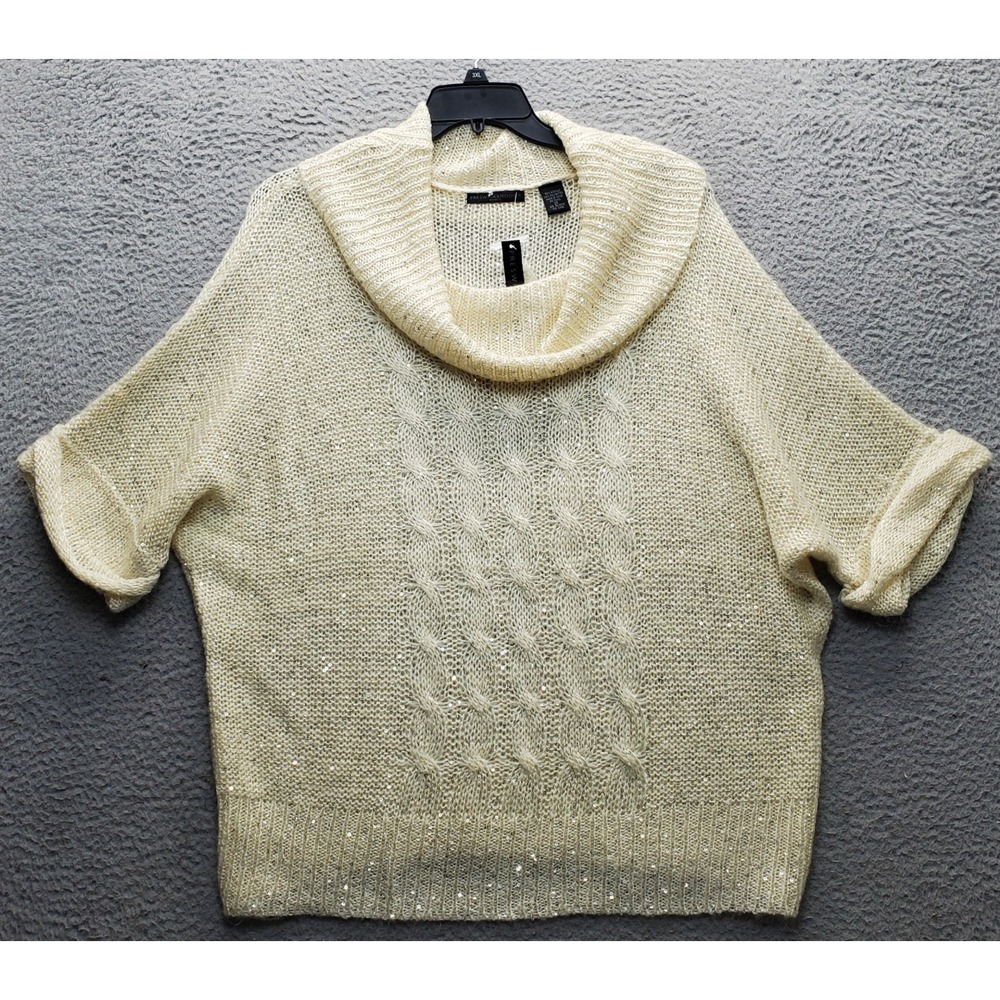 Preswick & Moore Sweater Womens 2X Yellow Sequin Open Knit Fold Sleeve Cowl Neck